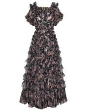 Women's 2024 summer round neck mesh printing Slim fit grace Princess long dress