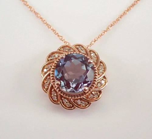 2Ct Round Cut Alexandrite Diamond Halo Pendant 14K Rose Gold Over "18 Free Chain