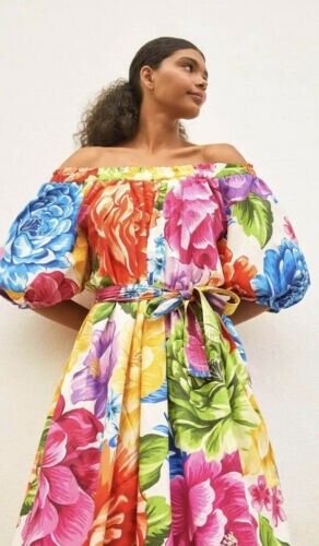 NWT FARM Rio Rainbow Chita Maxi Dress M Medium Puff Sleeve Tie waist off  shoulde