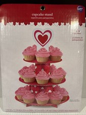 Wilton 3 Tier Cardboard 24 Cupcake Stand Holder Red White Hearts Valentine New