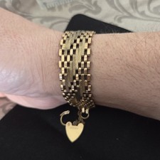 Heavy 28.1g 9ct Gold 5-Bar Gate Bracelet | Heart Padlock Clasp & Safety Chain