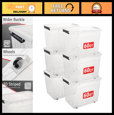 60Qt Plastic Storage Bins with Lids - Stackable, Nestable, Wheeled Organizers, 6