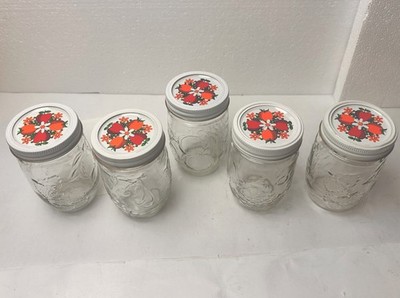 5 KERR Fruit Embossed Country Kitchen Pint Mason Canning Jelly Jars W/Floral Lid
