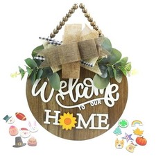 interchangeable 3D Welcome Sign for Front Door Dia:12in Oak Brown White