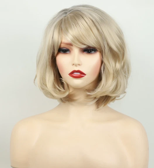 Pelucas cortas Bob rubias naturales onduladas sintéticas mujeres suaves uso diario con flequillo Foto 2 de 4