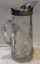 STUNNING! Antique Silver Colored Collar Spout Cut Crystal Glass Pitcher Ewer 12&rdquo;