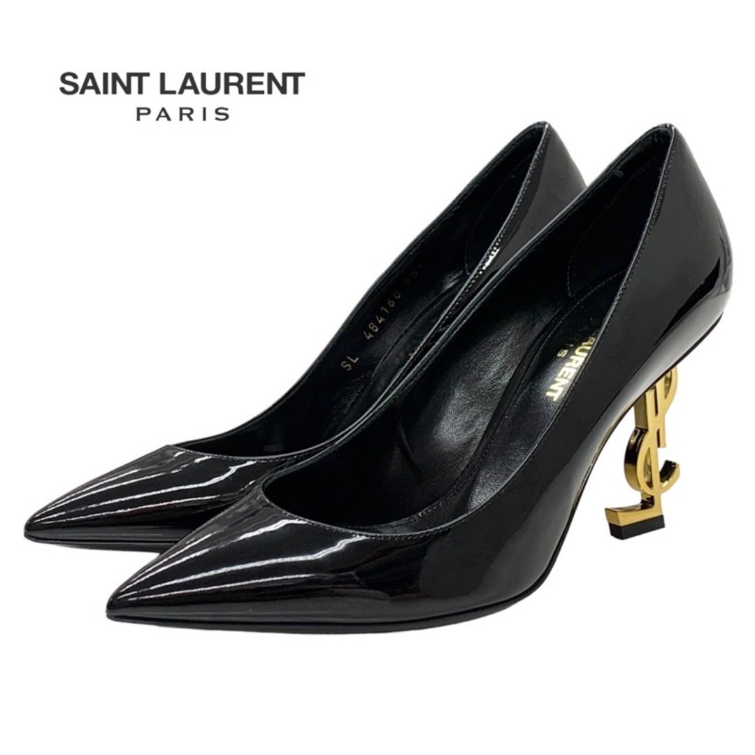 Scarpe decolte Saint Laurent oppio vernice nero oro logo YSL tacco usate TIEE 0