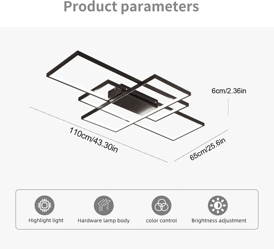 Black Modern LED Ceiling Light, Dimmable Remote Control, 70W, 110cm ...