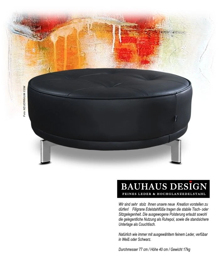 Großer runder Leder Pouf echtes Leder Weiß oder Schwarz ø 77 cm Edelstahlfuß - Bild 3 von 4