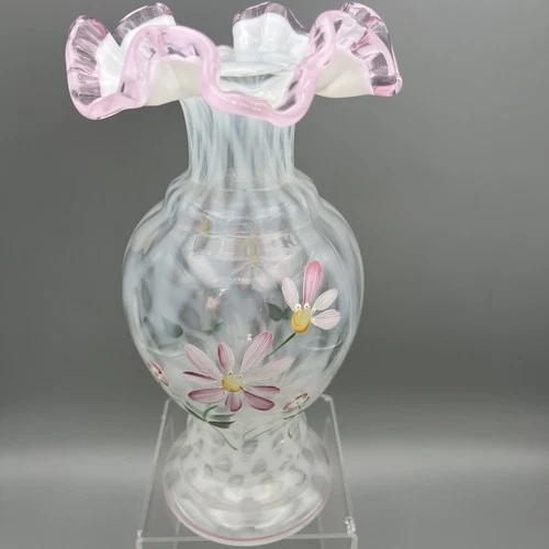 Fenton Glass  Painted Optic Diamond Pink Crest Floral Ruffled Edge Vase 9.75”