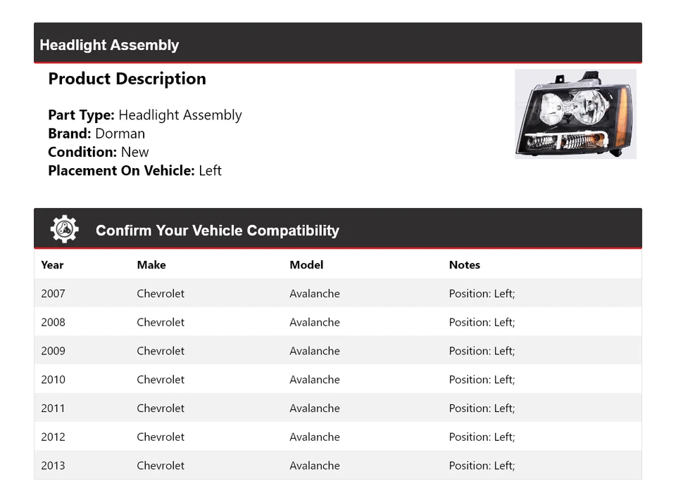 Левая фара в сборе для Chevrolet Avalanche Dorman 2007-2013 годов выпуска 2008 2009 2010 годов выпуска - Изображение 2 из 4