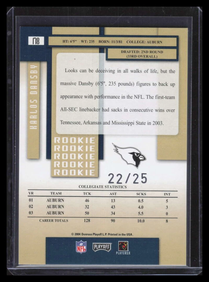 2004 Playoff Prestige Xtra Points Green 178 Karlos Dansby Rookie 22/25 - Image 2 of 2