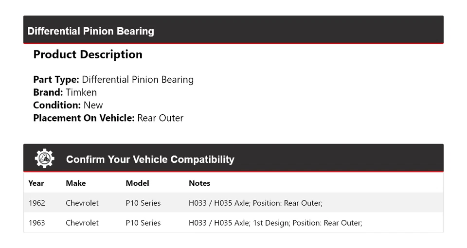 For 1962-1963 Chevrolet P10 Series Differential Pinion Bearing Rear Outer Timken - Image 2 of 4
