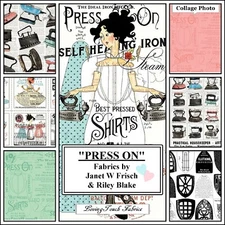 RILEY BLAKE,J W FRISCH, "PRESS ON" VINTAGE SEWING IRONS FABRICS