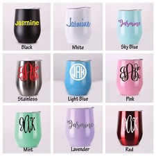 Stemless Wine Cup Stainless Tumbler Monogram Personalized Powder Coated 9 Colors