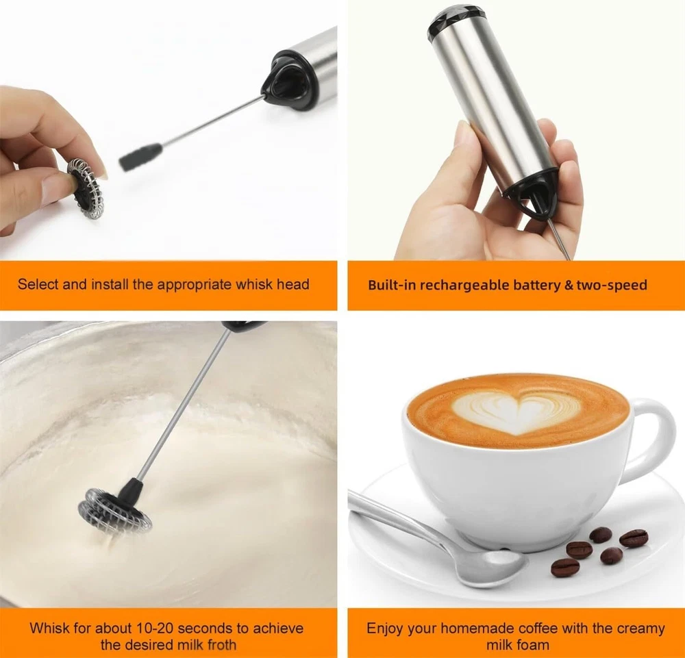 Milk Frother Rechargeable Handheld - Electric Whisk/Frother Wand for Silver