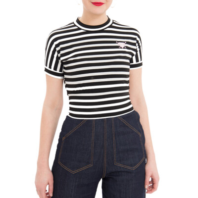 Queen Kerosin Rockabilly Vintage T-Shirt - Black & White Crop Top Gestreift