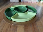 VTG MCM GREEN YELLOW MILK GLASS RELISH DISH SNACK SET WALNUT VENEER LAZY SUSAN