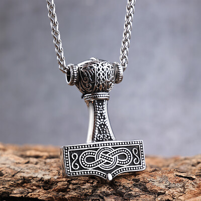Nordic Viking Thor's Hammer with God's Horn Necklace Jewelry