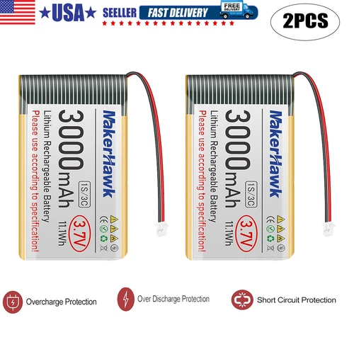 2x 3.7V 3000mAh LiPo Battery 1S 3C 103665 Micro JST 1.25 Plug for Arduino ESP32