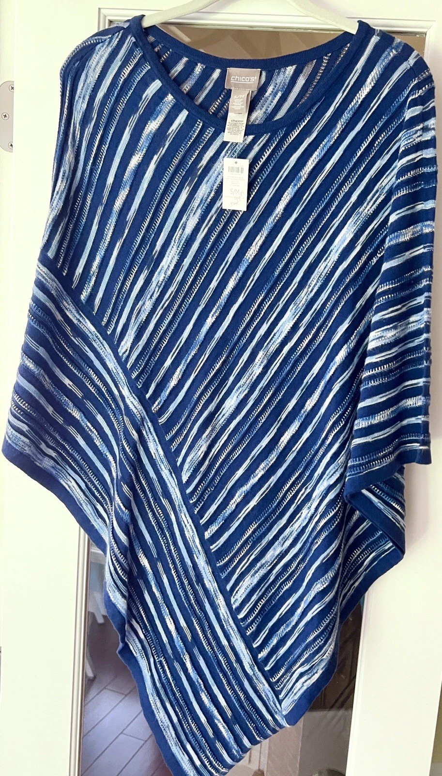Chico's Blue Diagonal Striped Knit Long Poncho Triangle Small/Medium NWT