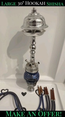  USED  Large 30'' Glass Hookah Shisha w/ 3 Separate Wood Handle Hoses