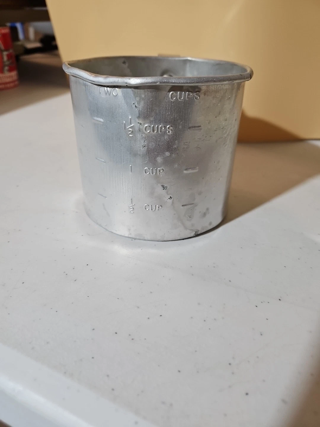 Vintage Aluminum 2-Cup Measuring Cup with Handle Embossed Measurement Markings