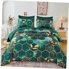 Green Gold Hexagon Comforter Set with Sheets 7 Pcs Marble Full Emerald Green