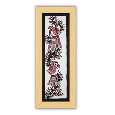 Handmade Madhubani Peacock Painting 20x58 cm Framed - Original Mithila Folk Art