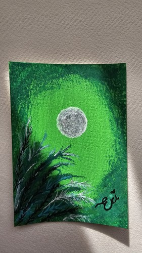 ACEO ATC Original Acrylic Painting art_and_nature_by_eri moonlight moon green