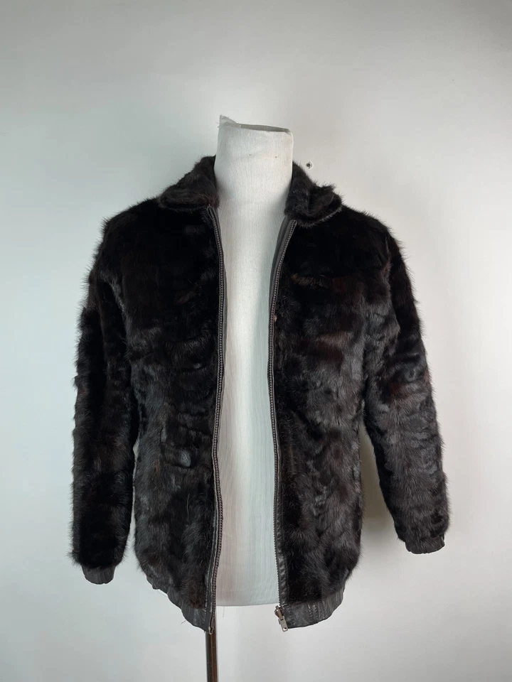 Chaqueta de bombardero reversible vintage de piel de visón de los 80 de cuero negro suave para hombre M Foto 2 de 4