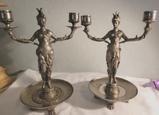 Vintage Pair Greek Roman Goddesses Silver Candlesticks