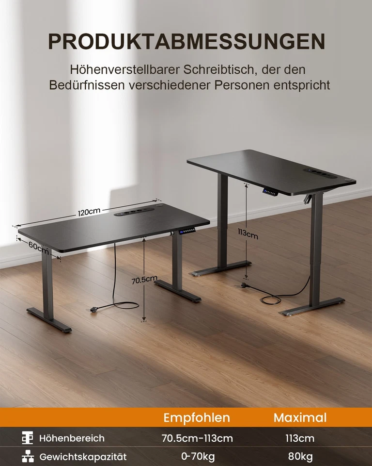 120/140/160cm Höhenverstellbarer Schreibtisch mit USB-Ladeanschluss & Steckdose - Bild 3 von 4