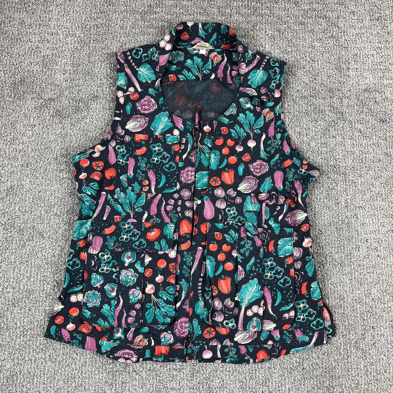 Duluth Trading Co Vest Womens Medium Black Veggie Print Zip Pockets Gardening