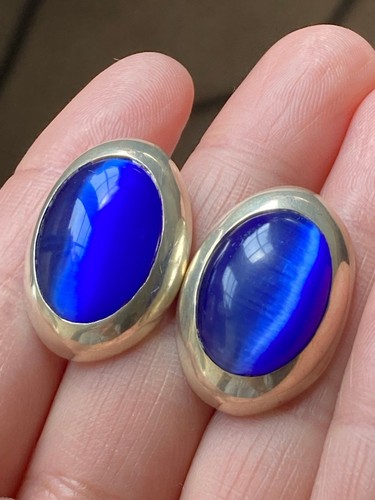 Mexico 925 sterling silver blue cat eye clip on Earrings - Picture 2 of 6