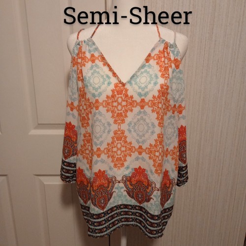 Skies Are Blue Women's Boho Tunic Sz M Multicolored Cold Shoulder Semi Sheer LNC - Picture 2 of 10