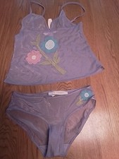 New Vtg Victoria's Secret Purple Semi Sheer Sparkly Cami With Flowers Panty S
