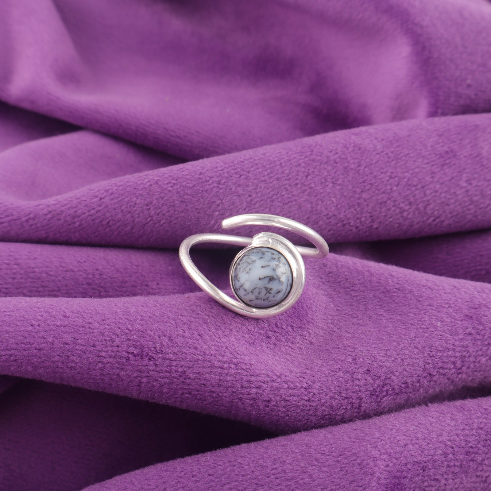 925 Silver Round Natural Dendrite Opal Promise Birthday Band Ring Size All Size