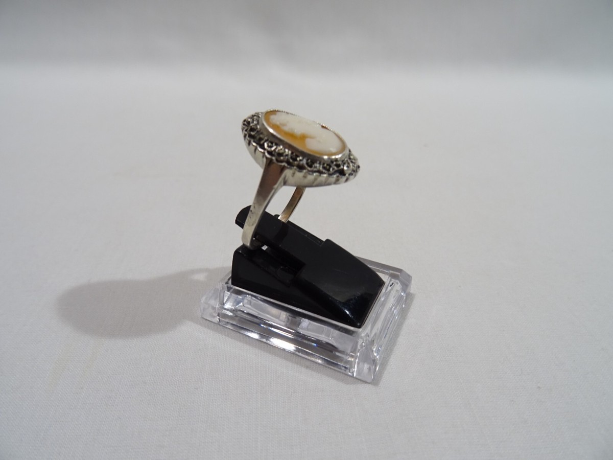 Bague Ancienne Camée Et Marcassite En Argent Massif - Taille 57, Occasion En Très Bon état