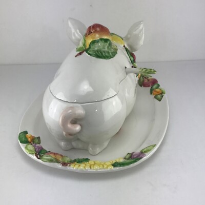 Vintage INTRADA Majolica Roast Pig Soup Tureen w/ Platter & Ladle
