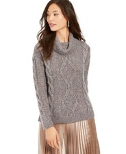 Charter Club, Cowl-Neck Cable-Knit Glitter Sweater, Med Gray, XL