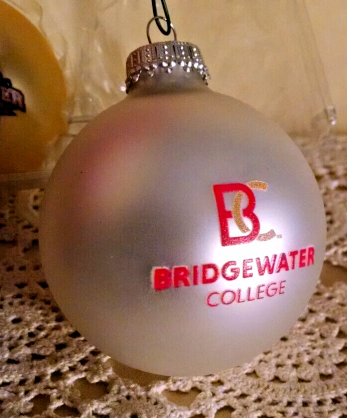 BRIDGEWATER COLLEGE ORNAMENT SET 2 GOLD EAGLES MASCOT WHITE BC SILVER RFSJ BALL.