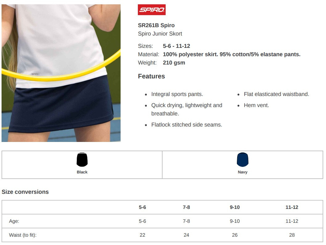 Spiro Girls Windproof Quick Dry Breathable Tennis Hockey Skort Short Skirt