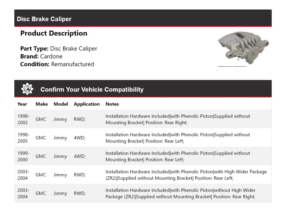 Pinza de freno de disco Cardone para GMC Jimmy 1998-2005 1999 2000 2001 2002 2003 2004 Foto 2 de 4
