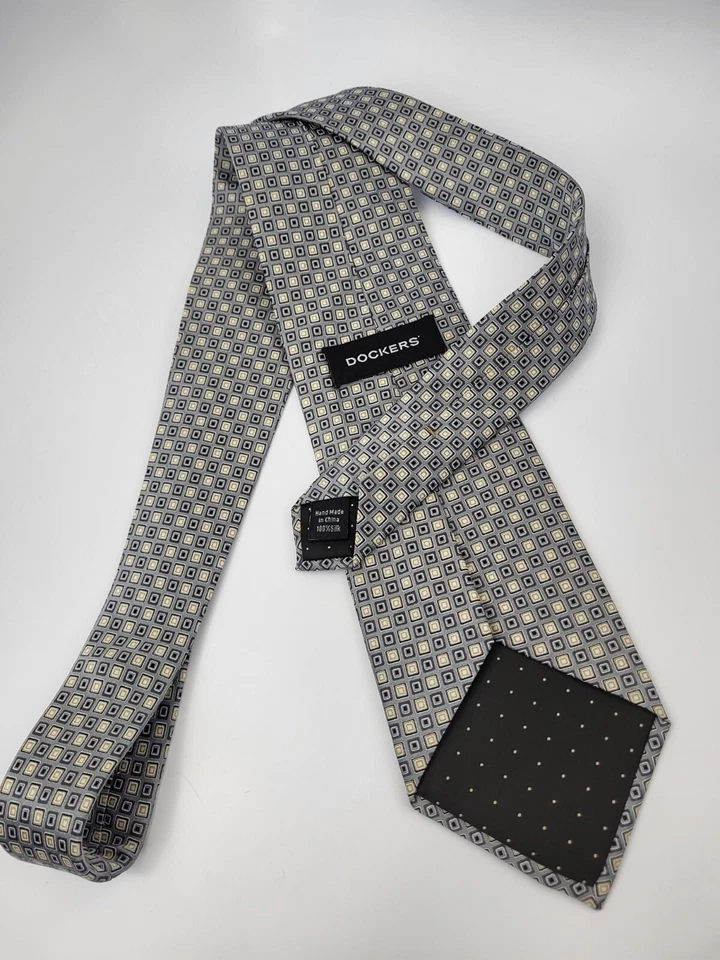 Corbata de seda Dockers gris azul beige cuadrados geométricos para hombre 56 x 3,5 Foto 4 de 4