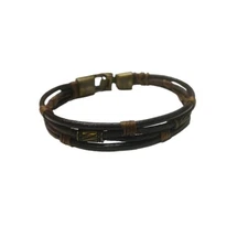 Large 8.25" Leather and Brass Multistrand Bracelet Boho Style