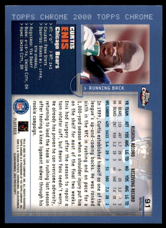 2000 Topps Chrome Refractor Curtis Enis Bears #91 *Noles2148* - Image 2 of 2