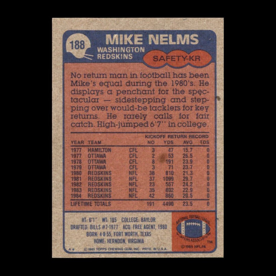 Mike Nelms 1985 Topps Washington Redskins #188 | eBay