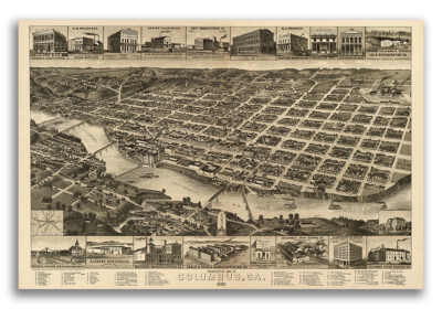 1886 Columbus Georgia Vintage Old Panoramic City Map - 20x30