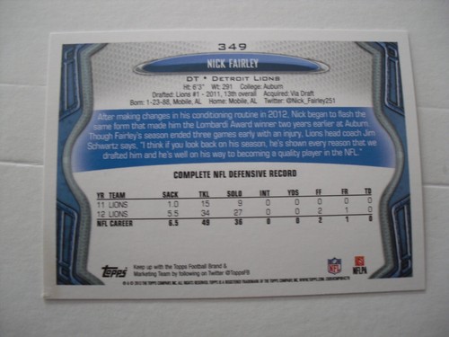 2013 Topps Football Nick Fairley Detroit Lions #349 - Picture 2 of 2